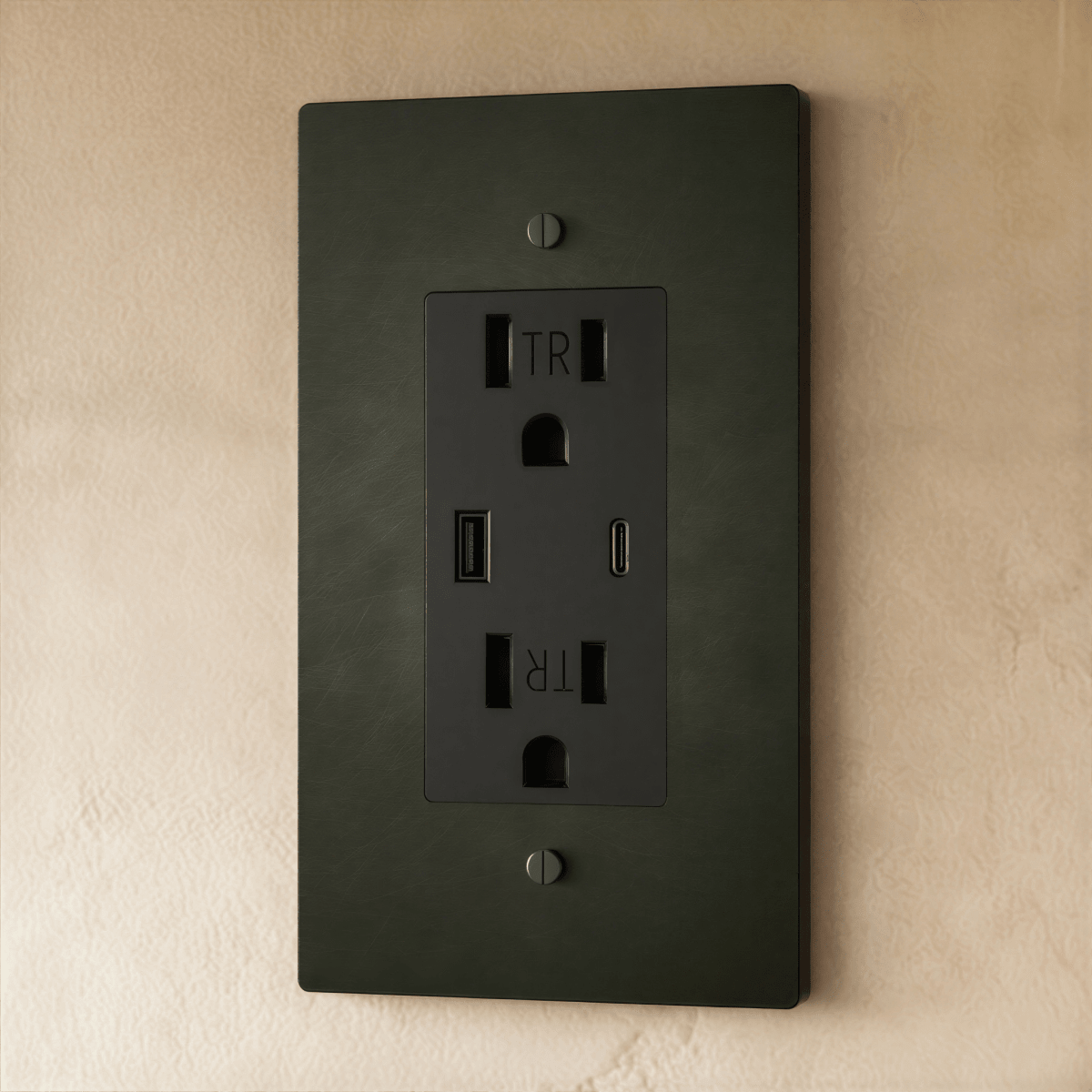 Residence Supply Brass Outlet 1 to 4 Gang electrical outlet with multiple sockets and brass finish, mounted on a wall.