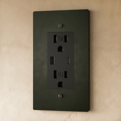 Residence Supply Brass Outlet 1 to 4 Gang electrical outlet with multiple sockets and brass finish, mounted on a wall.