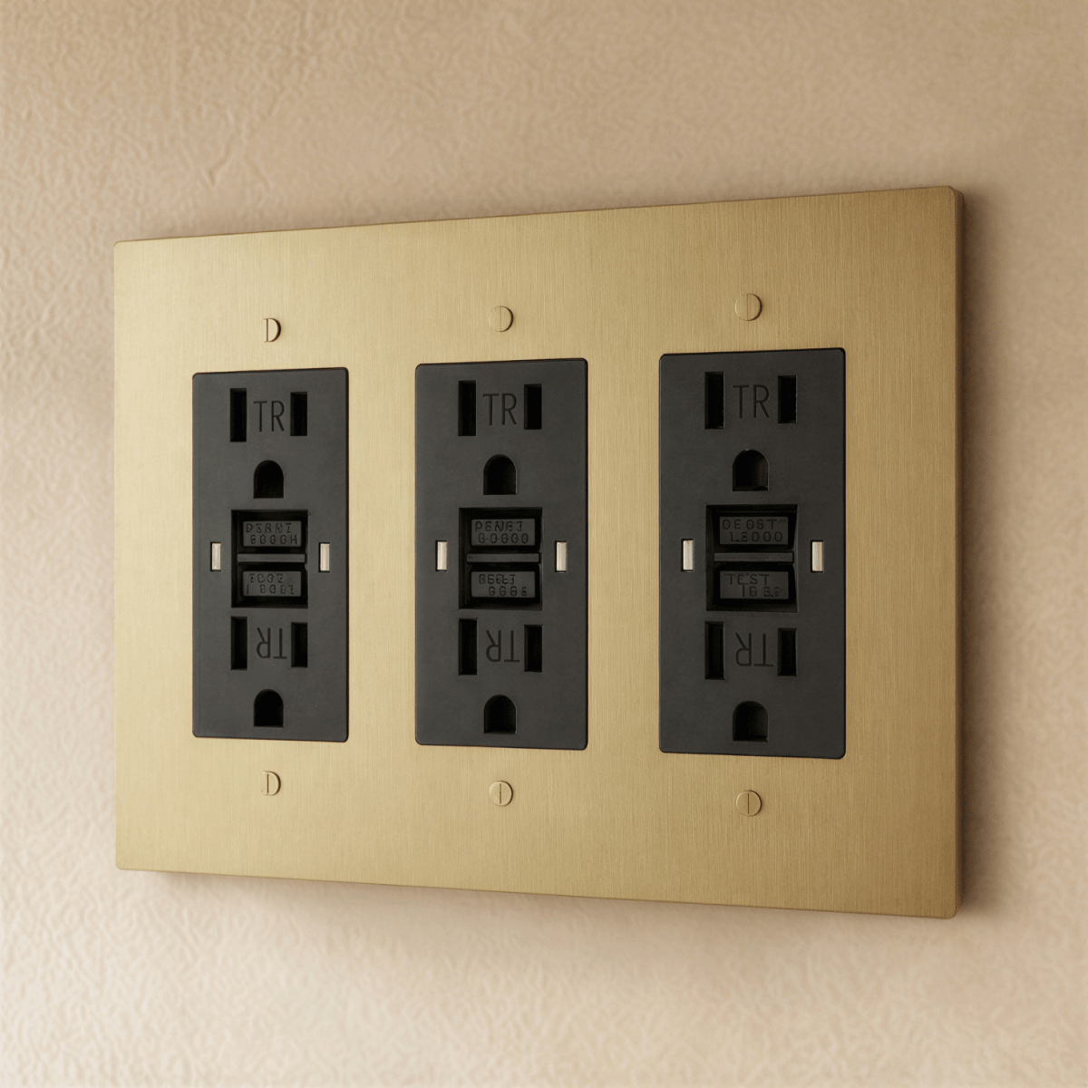 Residence Supply Brass Outlet 1 to 4 gang electrical outlet with multiple sockets and brass finish, mounted on a wall.