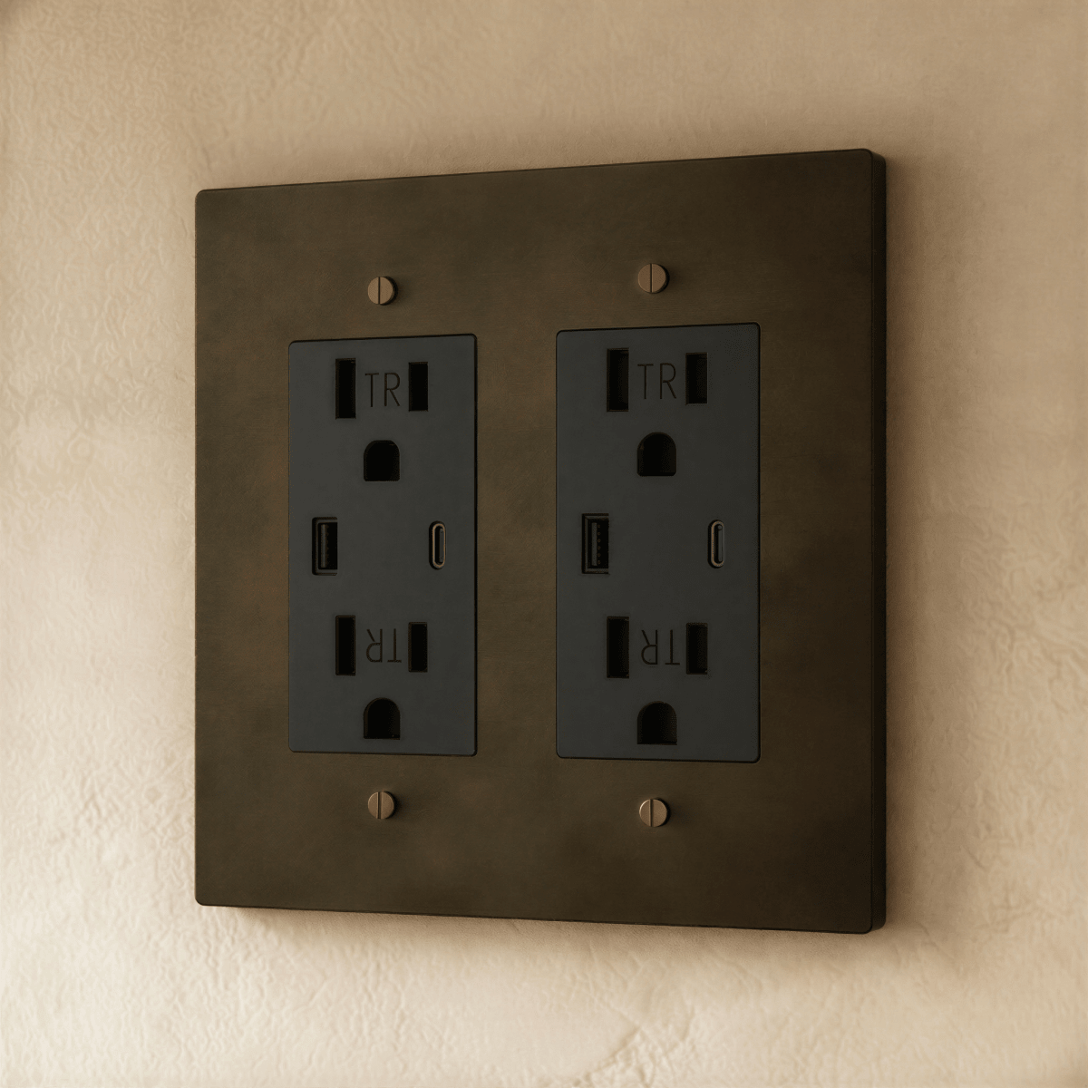 Residence Supply Brass Outlet 1 to 4 Gang electrical outlet with multiple socket slots and brass finish, mounted on a wall.