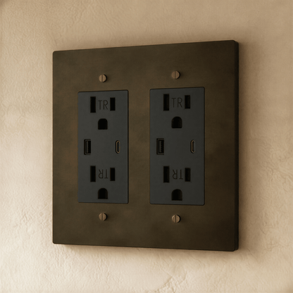 Residence Supply Brass Outlet 1 to 4 Gang electrical outlet with multiple socket slots and brass finish, mounted on a wall.