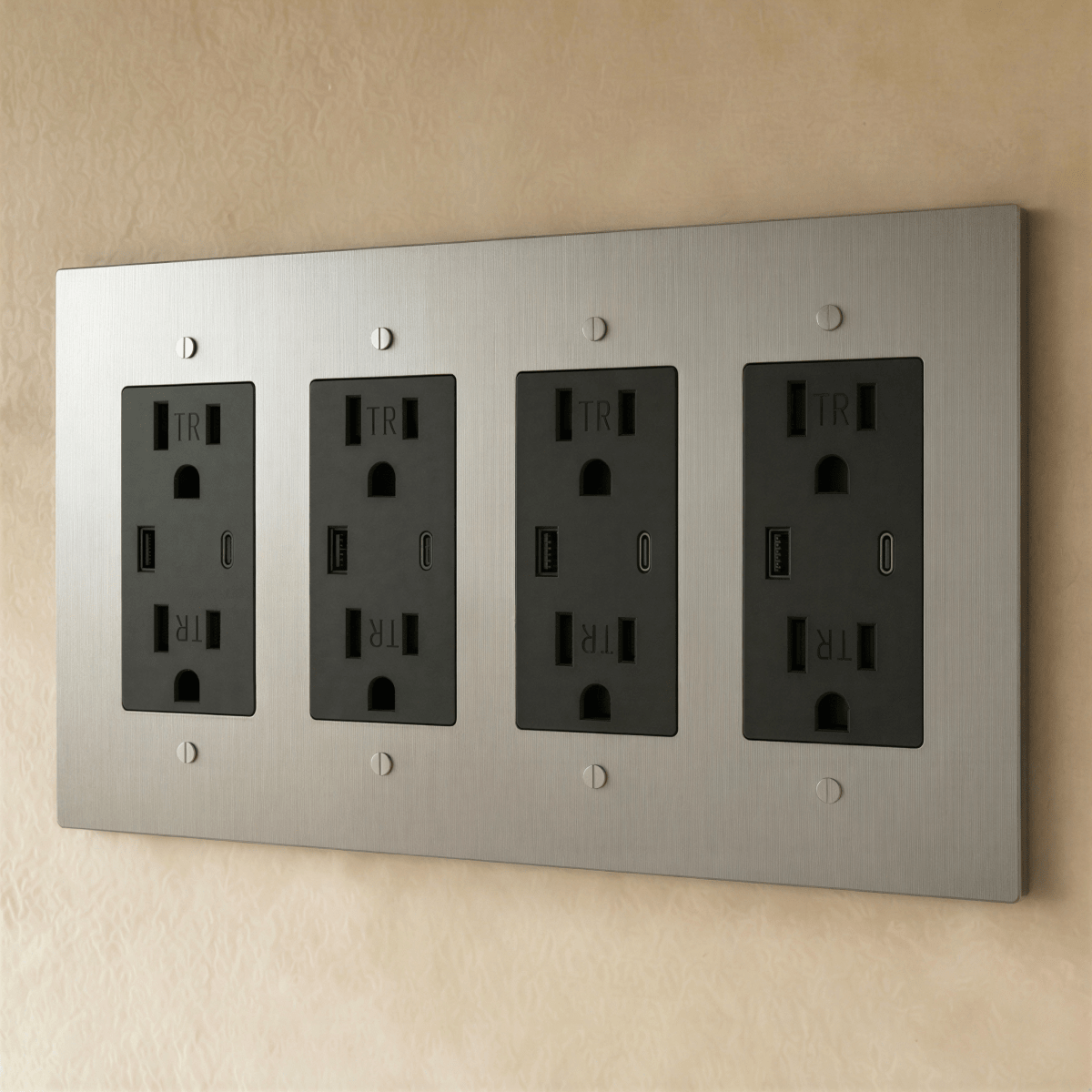Residence Supply Brass Outlet 1 to 4 Gang with multiple socket openings, polished brass finish, and sturdy electrical design.