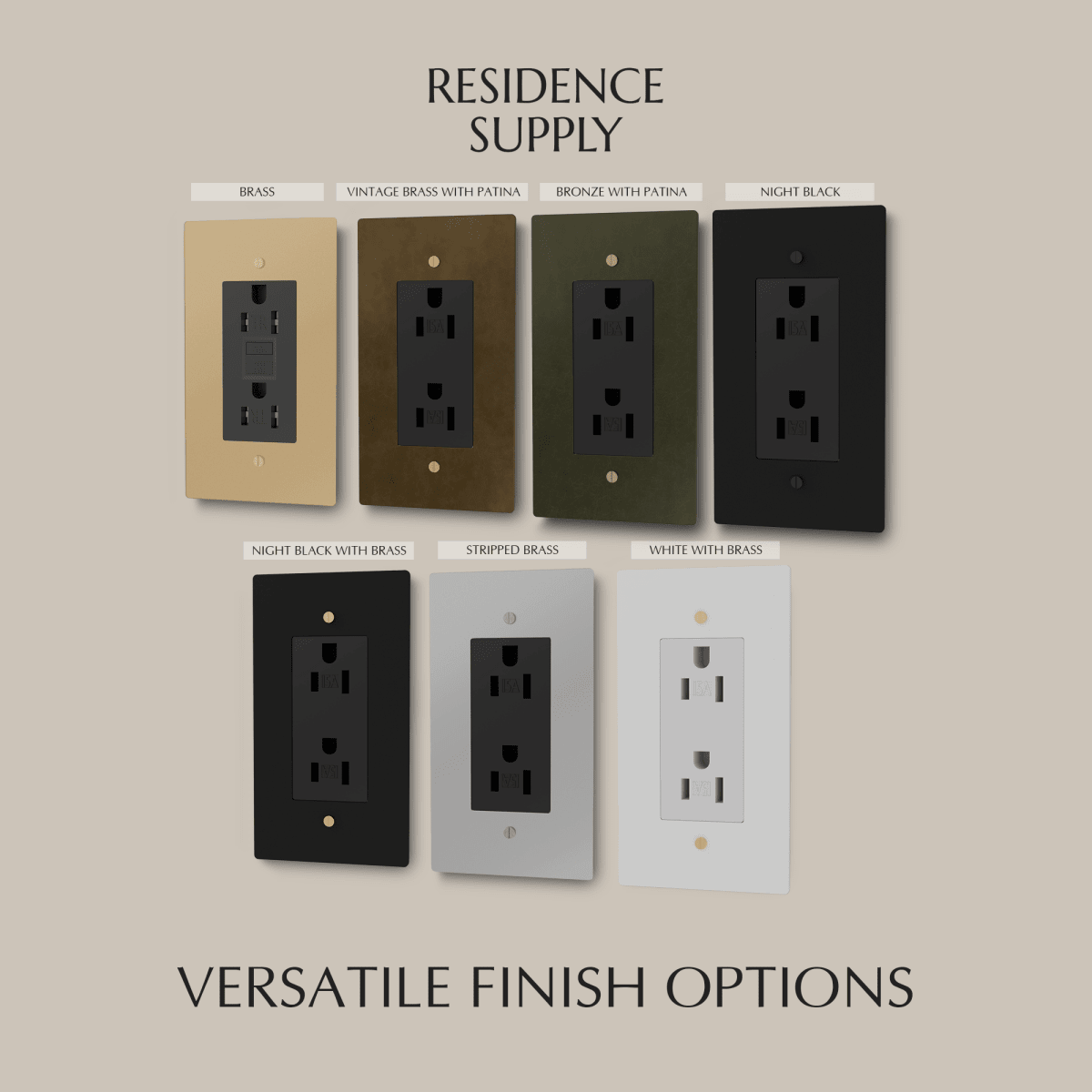 Residence Supply Brass Outlet, 1 to 4 gang electrical outlet with multiple brass sockets and switch covers, mounted on a wall.