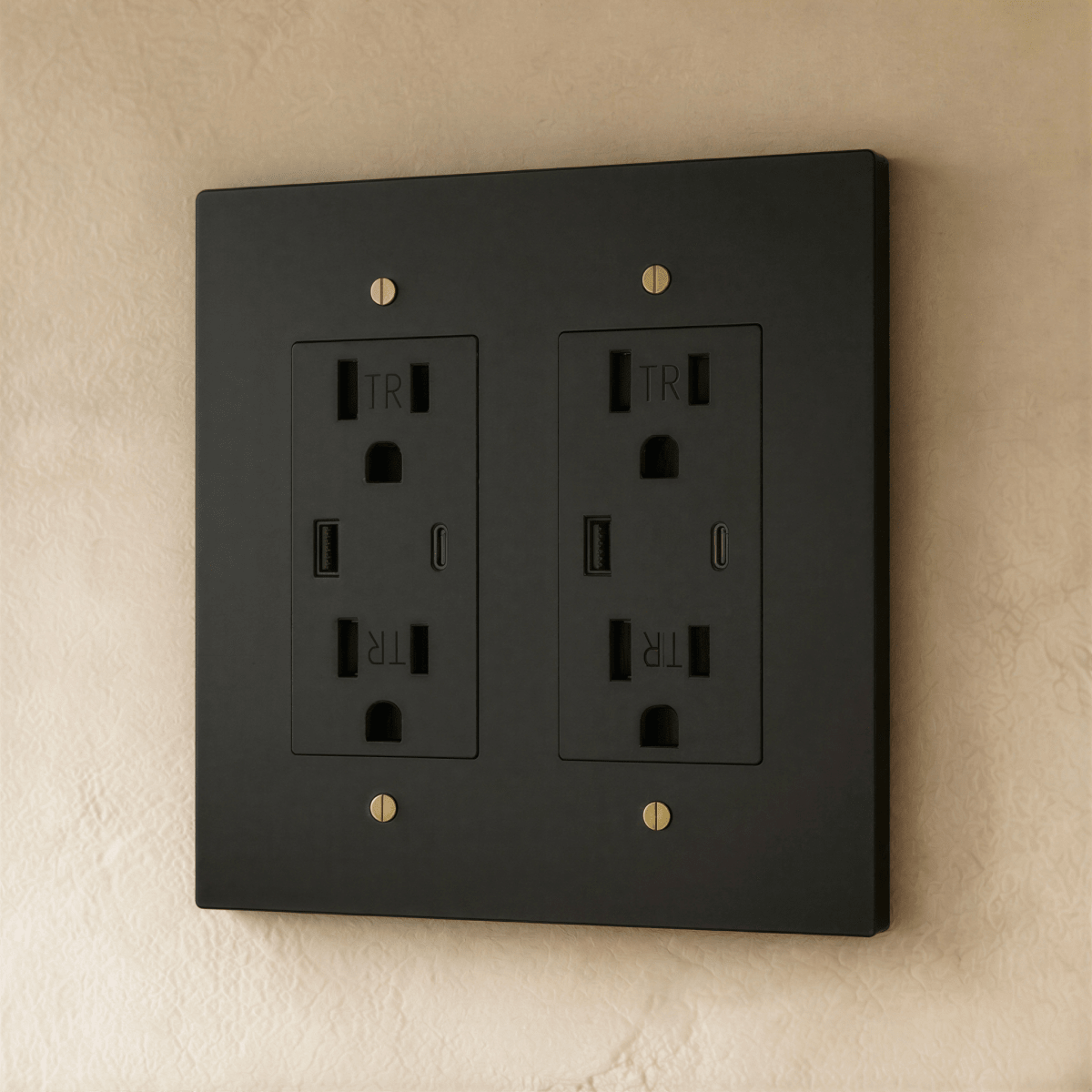 Residence Supply Brass Outlet 1 to 4 Gang electrical outlet with multiple sockets and brass finish, suitable for wall installation.