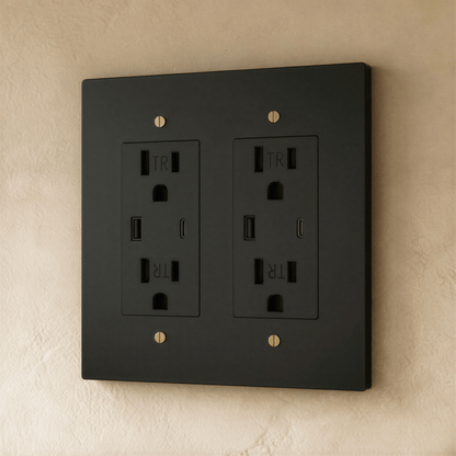 Residence Supply Brass Outlet 1 to 4 Gang electrical outlet with multiple sockets and brass finish, suitable for wall installation.