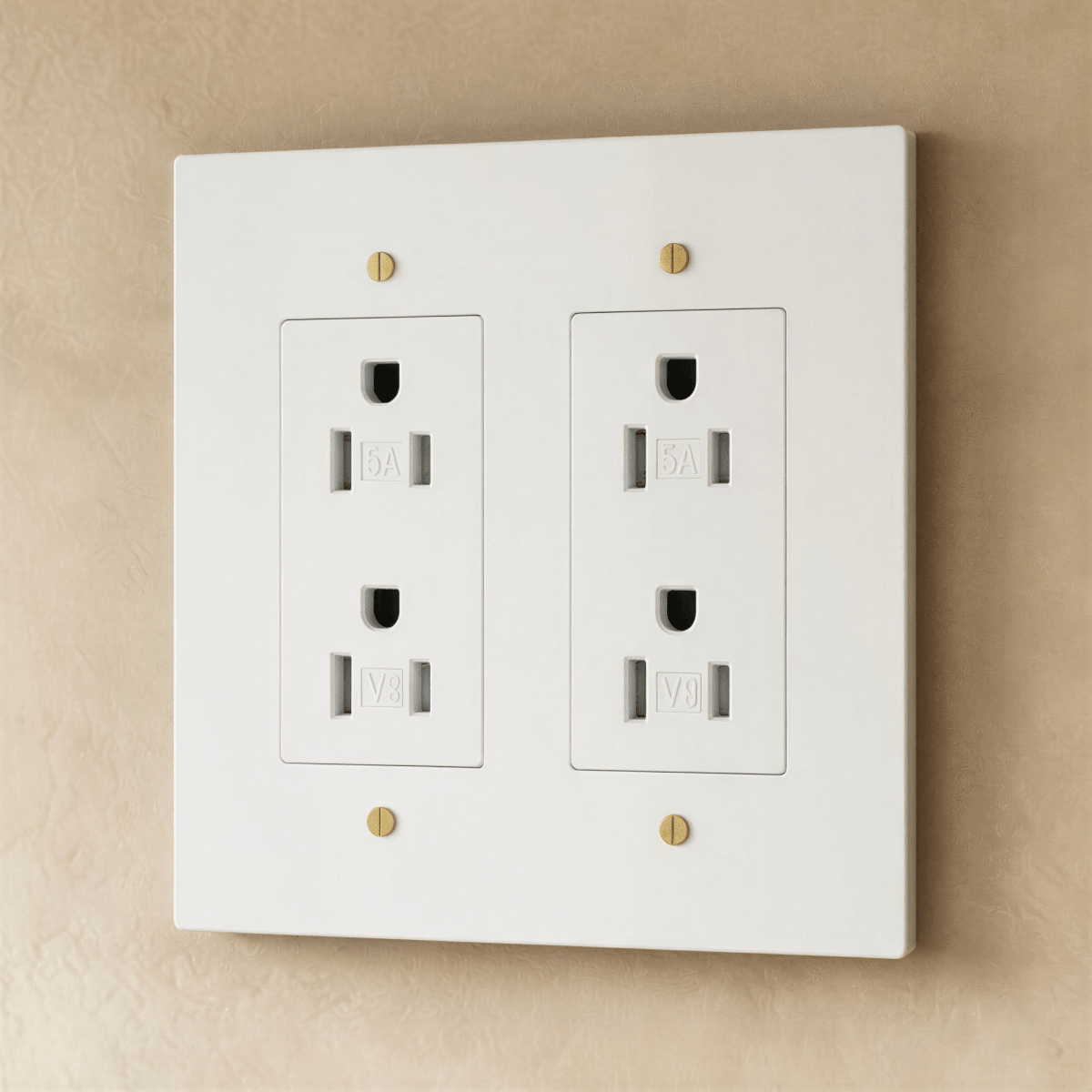 Close-up of Residence Supply Brass Outlet with 1 to 4 gang configuration, showing polished brass finish and multiple socket openings.