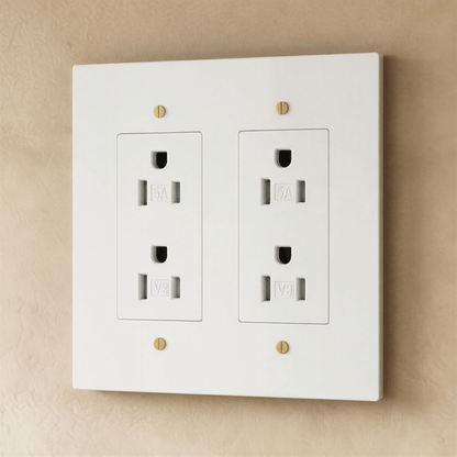 Close-up of Residence Supply Brass Outlet with 1 to 4 gang configuration, showing polished brass finish and multiple socket openings.