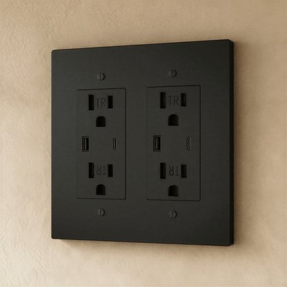 Residence Supply Brass Outlet 1 to 4 Gang electrical outlet with brass finish, showing multiple gang configurations and secure socket design.