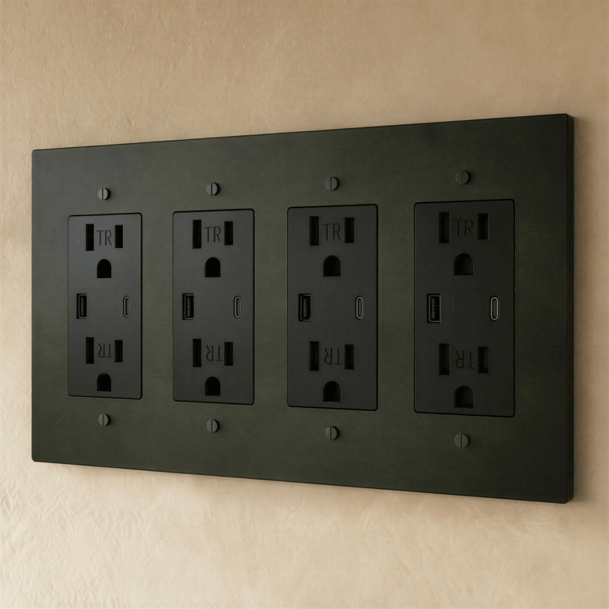 Residence Supply Brass Outlet 1 to 4 Gang with multiple sockets, featuring a polished brass finish and durable construction.