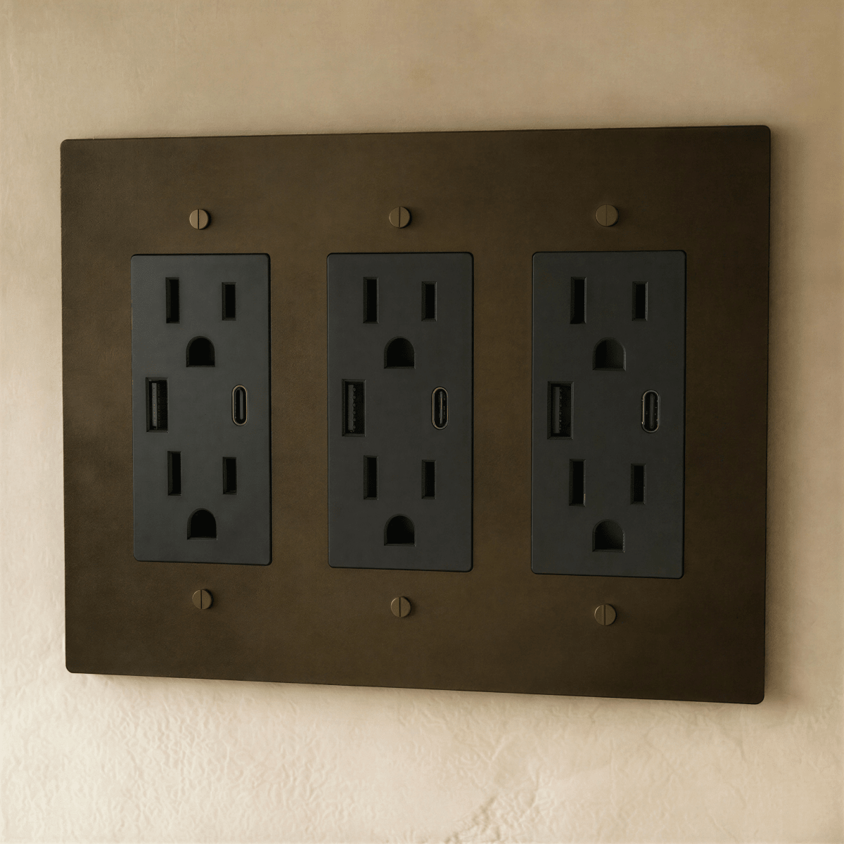 Residence Supply Brass Outlet 1 to 4 Gang electrical outlet with multiple sockets and a polished brass finish.