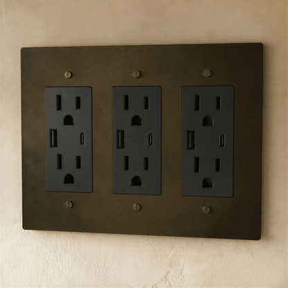 Residence Supply Brass Outlet 1 to 4 Gang electrical outlet with multiple sockets and a polished brass finish.