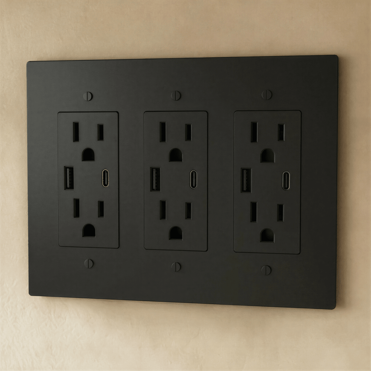 Residence Supply Brass Outlet 1 to 4 Gang with multiple electrical socket openings and brass finish, shown with electrical wiring.