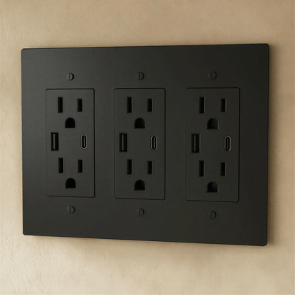 Residence Supply Brass Outlet 1 to 4 Gang with multiple electrical socket openings and brass finish, shown with electrical wiring.