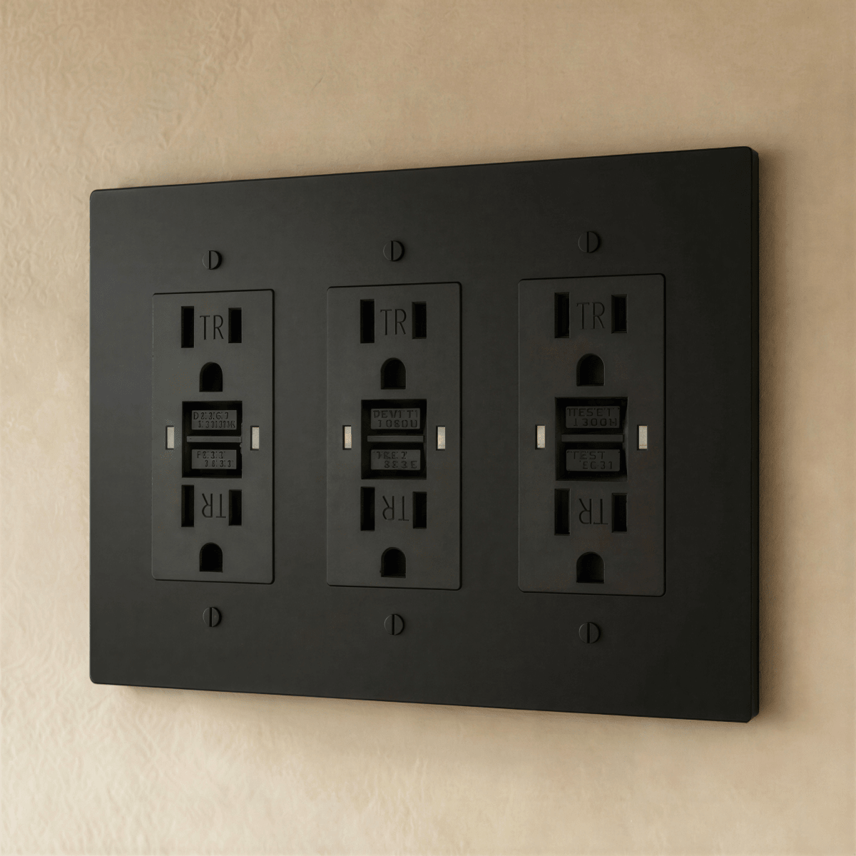 Residence Supply Brass Outlet 1 to 4 Gang, shown in a close-up of the metallic electrical outlet with multiple sockets.