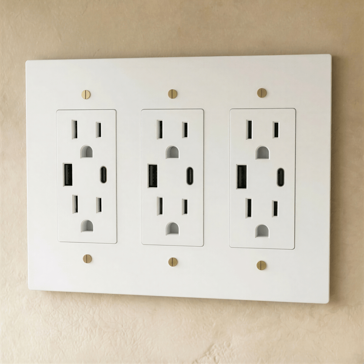 Residence Supply Brass Outlet 1 to 4 gang electrical switch with multiple toggle switches on a wall plate.
