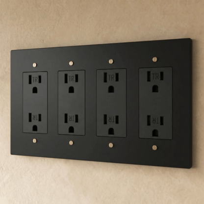 Residence Supply Brass Outlet 1 to 4 gang electrical outlet with brass finish and multiple socket openings.