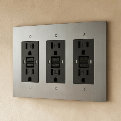 Residence Supply Brass Outlet 1 to 4 Gang, showing polished brass electrical outlet with multiple socket configurations.