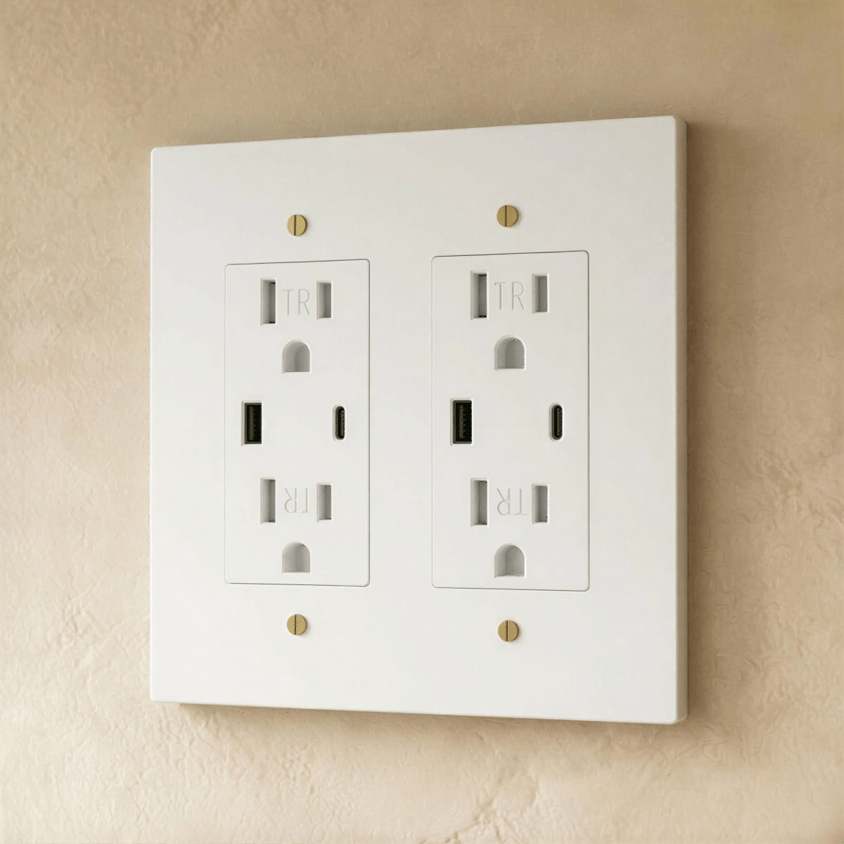 Residences Supply Brass Outlet 1 to 4 Gang, metal electrical outlet with multiple socket configurations for home or office use.