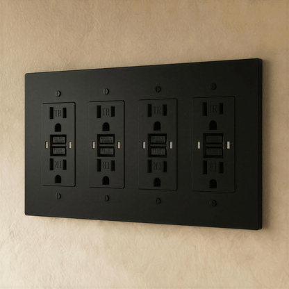 Brass electrical outlet with 1 to 4 gang configurations from Residence Supply, showing polished brass finish and multiple socket placements.