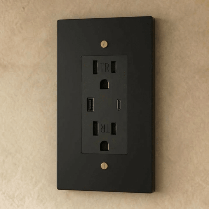 Residence Supply Brass Outlet 1 to 4 Gang electrical outlet with brass finish and multiple socket configurations.