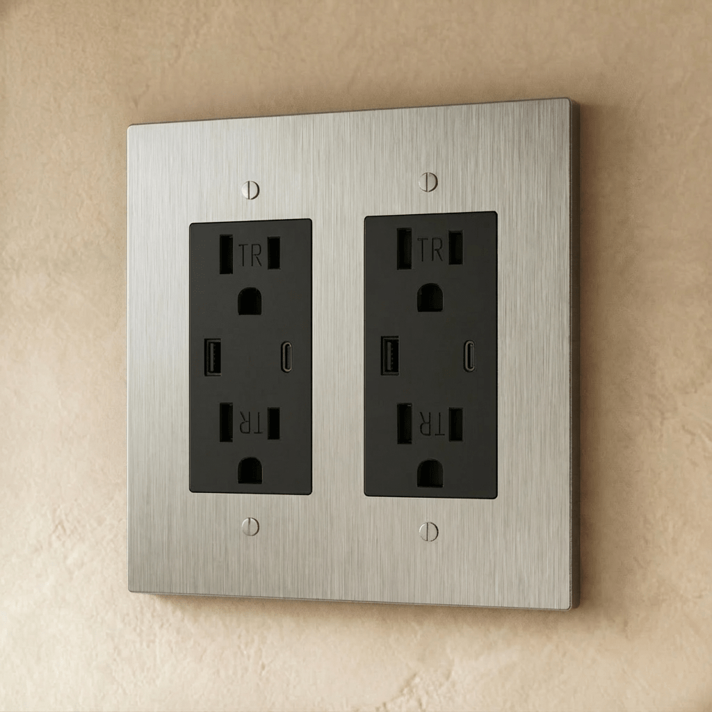 Residence Supply Brass Outlet 1 to 4 Gang electrical outlet with polished brass finish, showing multiple socket configurations.