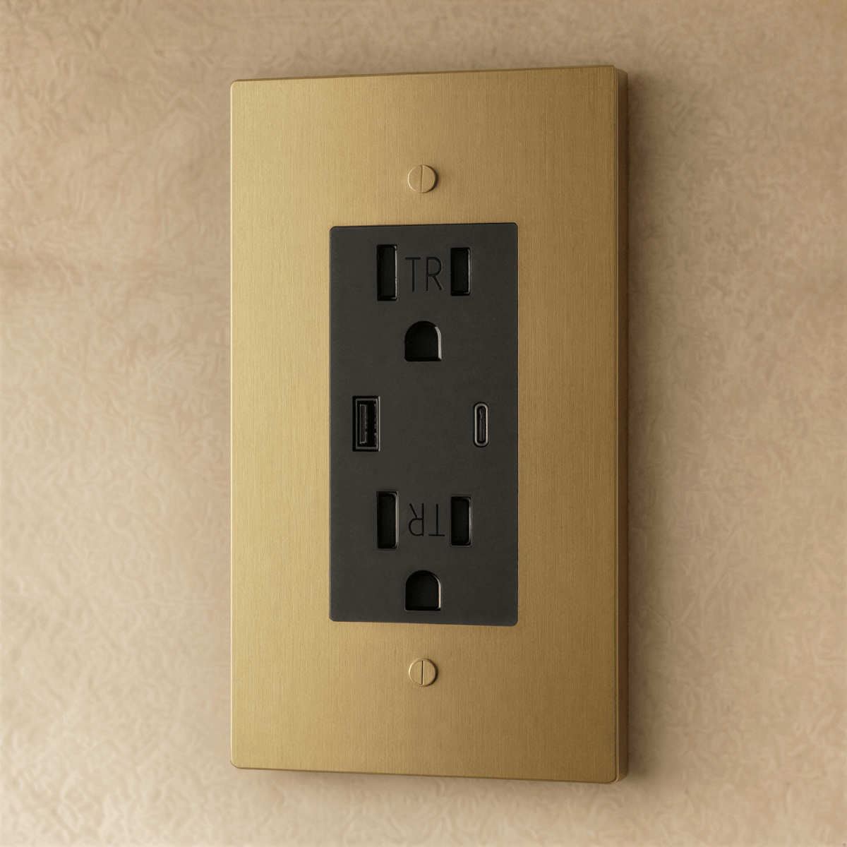 Residence Supply Brass Outlet 1 to 4 gang electrical outlet with multiple socket configurations and brass finish.