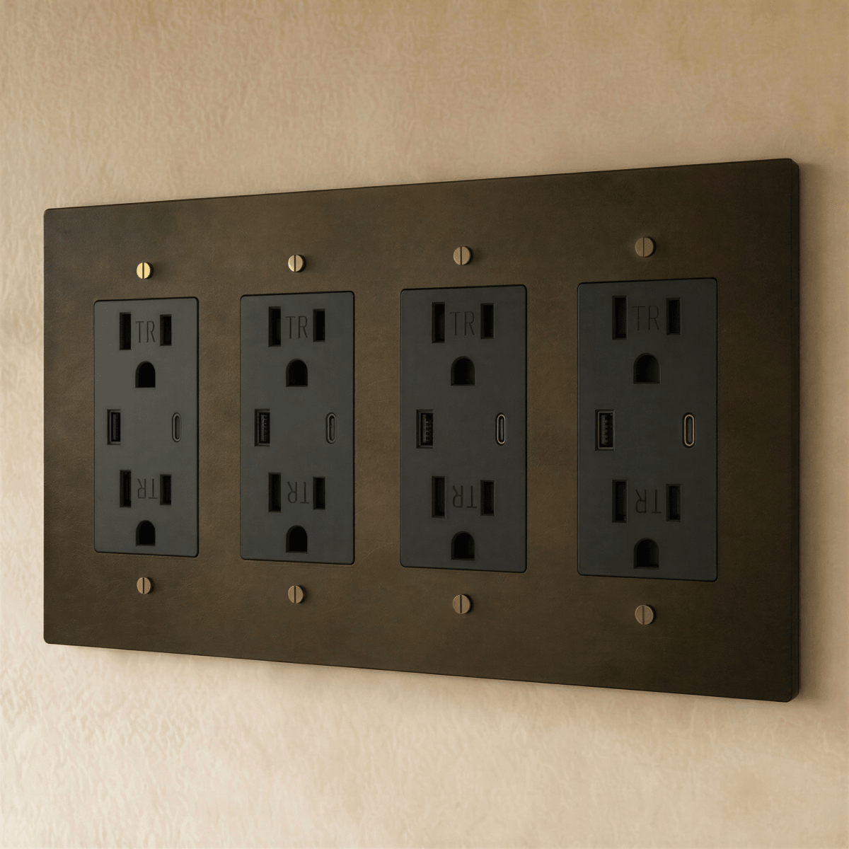 Residence Supply Brass Outlet 1 to 4 Gang electrical outlet strip with brass finish, multiple outlets for versatile power connections.