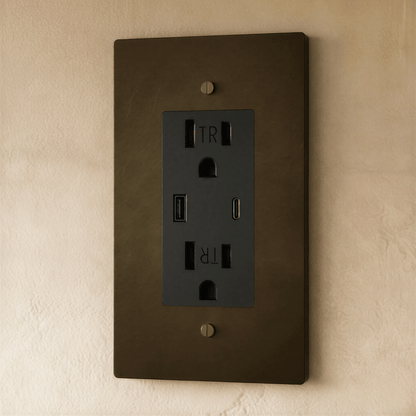 Residence Supply Brass Outlet 1 to 4 Gang electrical outlet with brass finish, showing multiple gang configurations and wiring details.