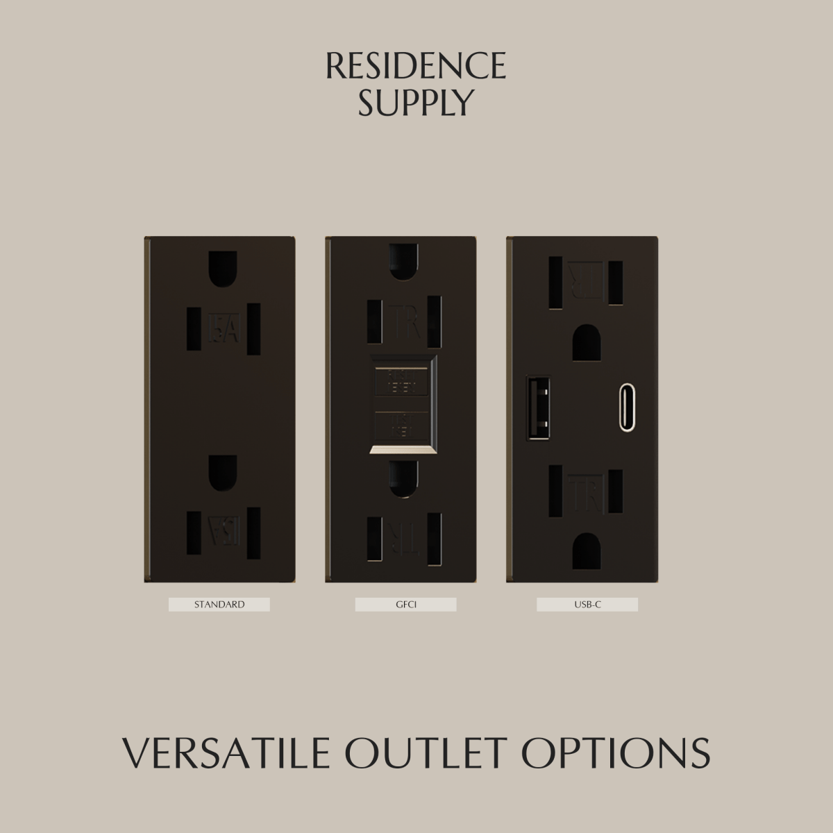 Residence Supply Brass Outlet with 1 to 4 gang configuration, featuring polished brass finish and multiple electrical socket slots.