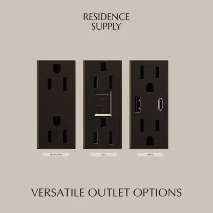 Residence Supply Brass Outlet with 1 to 4 gang configuration, featuring polished brass finish and multiple electrical socket slots.