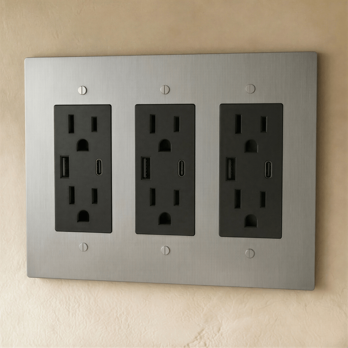Residence Supply Brass Outlet 1 to 4 Gang switch plate with multiple outlets and brass finish, mounted on wall surface.