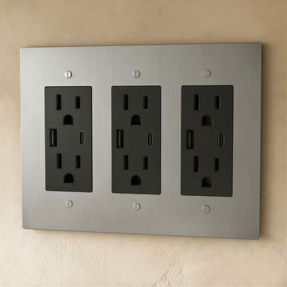 Residence Supply Brass Outlet 1 to 4 Gang switch plate with multiple outlets and brass finish, mounted on wall surface.