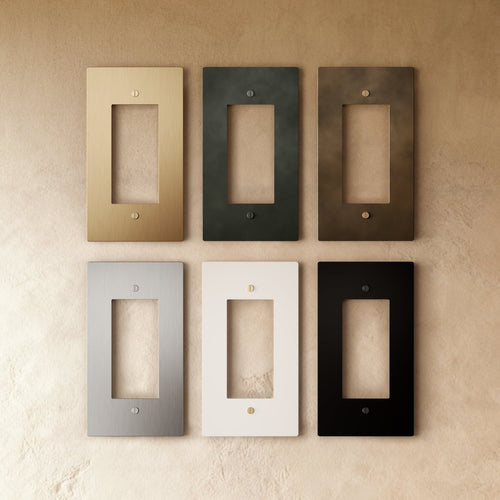 Six brass sample plates from the Residence Supply Brass Plate 6-Piece Sample Kit displayed on a white background.