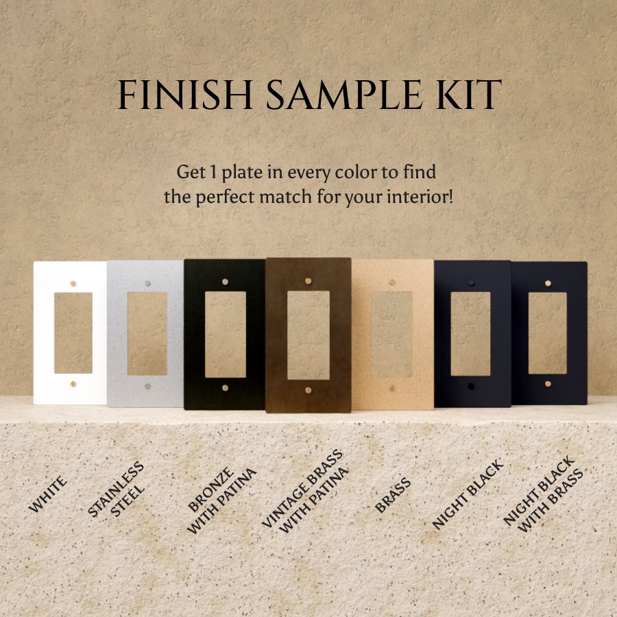 Six brass plates from Residence Supply's Brass Plate 6-Piece Sample Kit arranged on a neutral background.