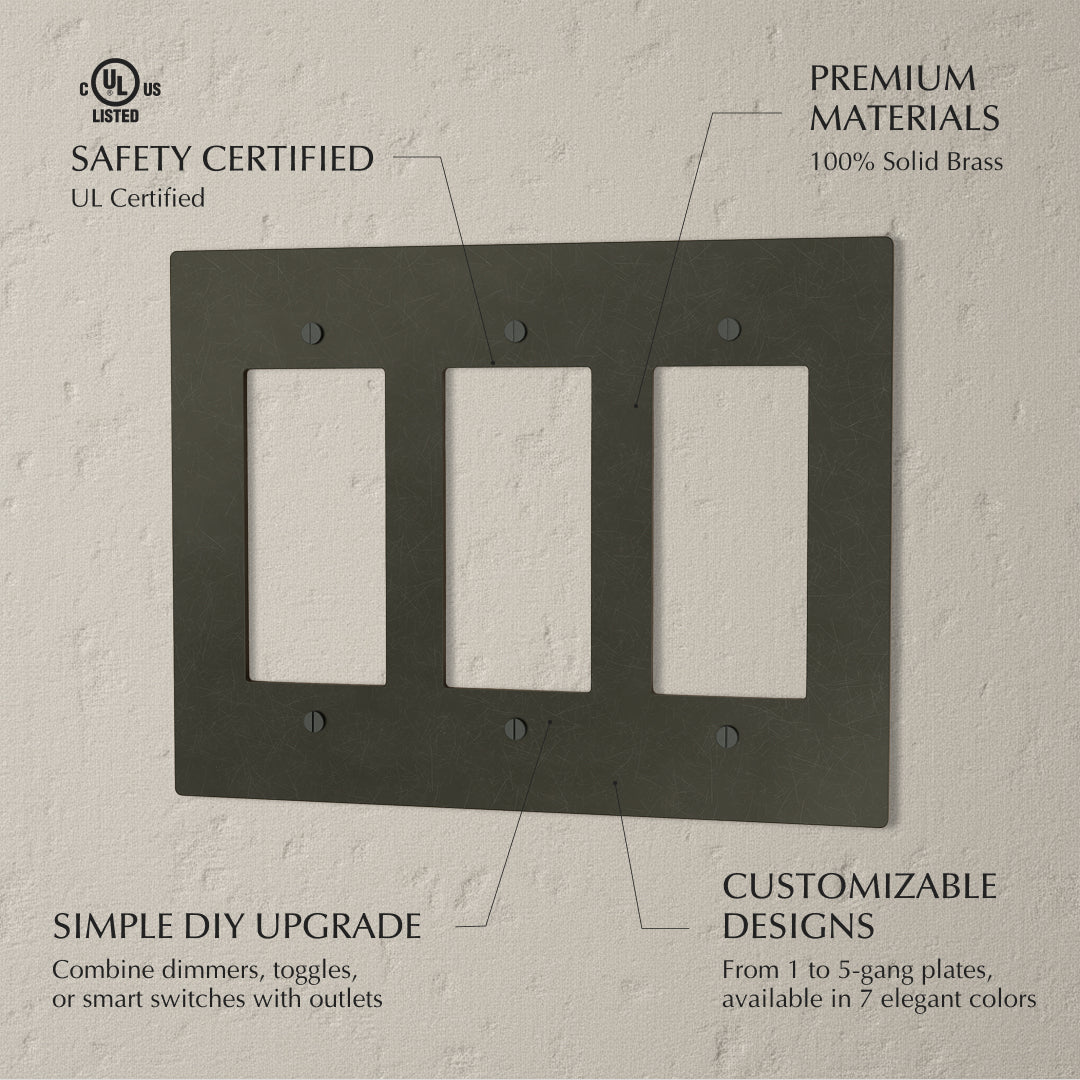 Bronze wall plate with patina finish, decorative brass cover for electrical outlets or switches in a home or garden setting.