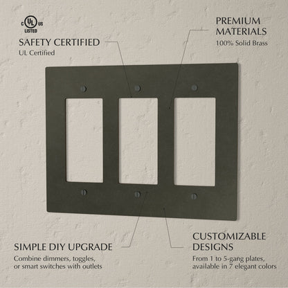 Bronze wall plate with patina finish, decorative brass cover for electrical outlets or switches in a home or garden setting.