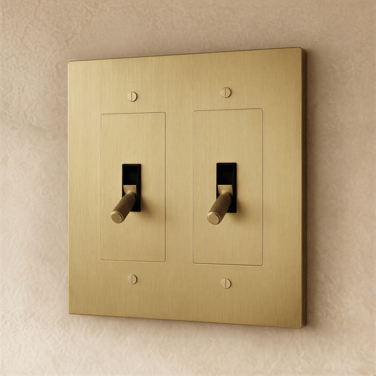 Brass toggle switch for 1 to 5 gang electrical panels, Residence Supply brand, with multiple toggle options on a white background.