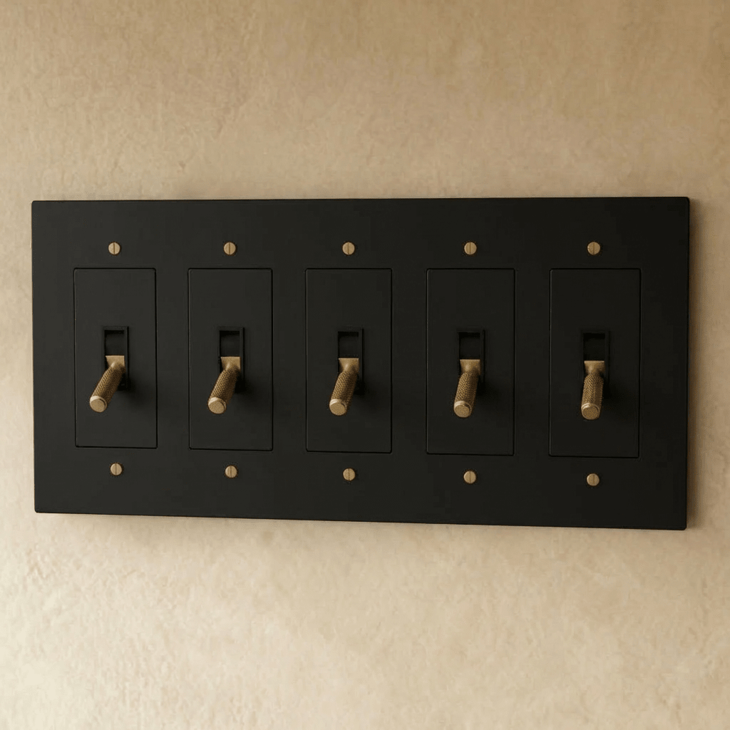 Brass toggle switch from Residence Supply, 1 to 5 gang electrical switch with metal toggle and mounting plate.