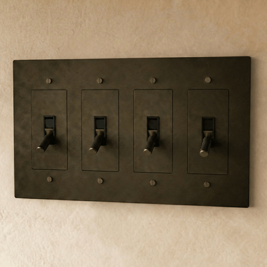 Residence Supply brass toggle switch for 1 to 5 gang electrical control, featuring durable metal construction and multiple switch options.