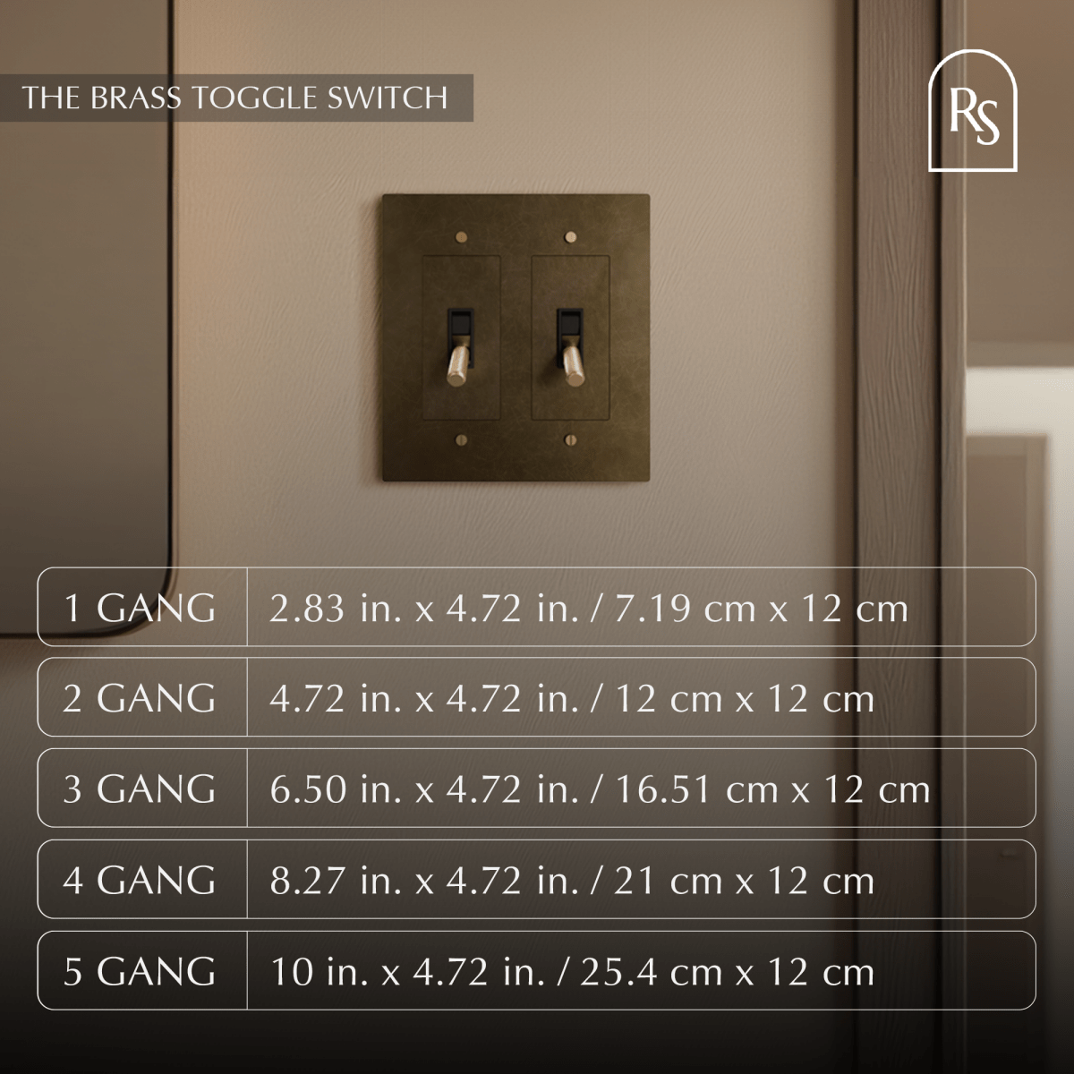 Brass toggle switch from Residence Supply with 1 to 5 gang options, showing multiple switch units on a white background.