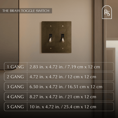 Brass toggle switch from Residence Supply with 1 to 5 gang options, showing multiple switch units on a white background.