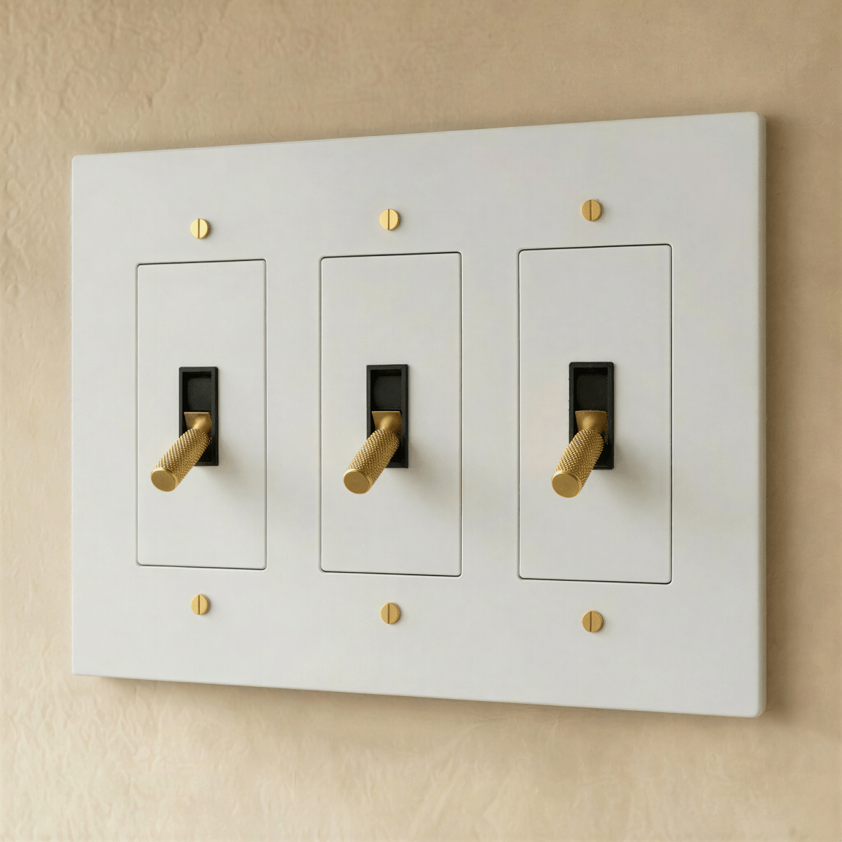 Brass toggle switch for 1 to 5 gang electrical panels, Residence Supply; showing switches with brass finish and multiple gang options.