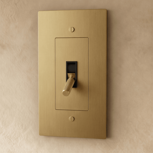Brass toggle switch for 1 to 5 gang electrical control, Residence Supply brand, showing multiple switch options on a panel.