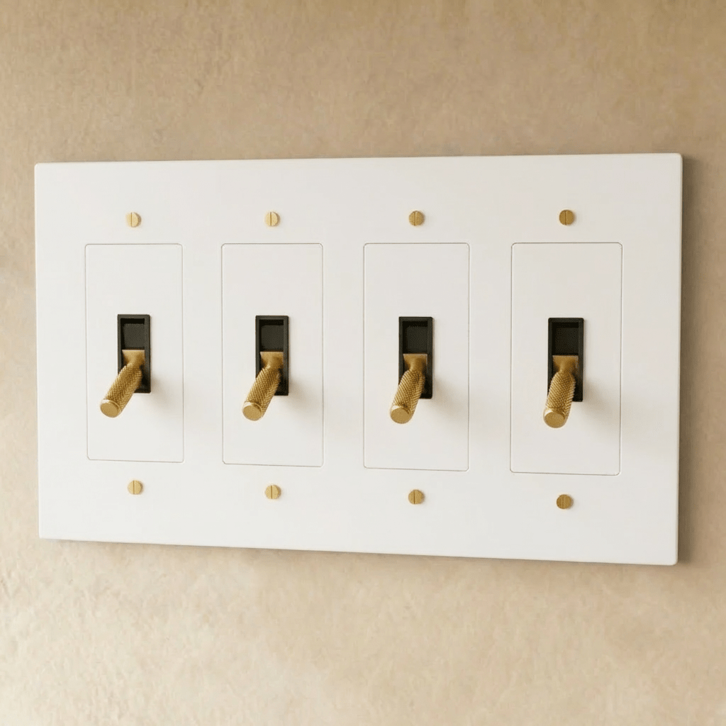 Brass toggle switch by Residence Supply, 1 to 5 gang, showing multiple toggle switches on a wall plate for electrical control.