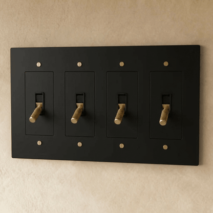Brass toggle switch from Residence Supply, 1 to 5 gang electrical switch with metal toggle and mounting plate.