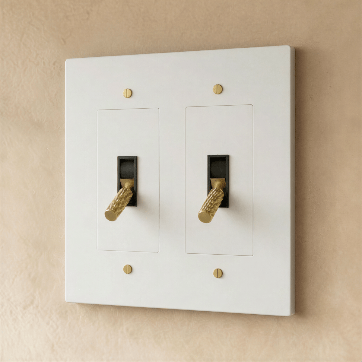 Brass toggle switch for 1 to 5 gang electrical installations, Residence Supply, showing close-up of switch and mounting hardware.