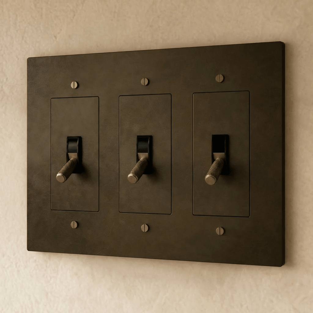 Brass toggle switch for 1 to 5 gang electrical installation, Residence Supply, with metal toggle and multiple gang options.