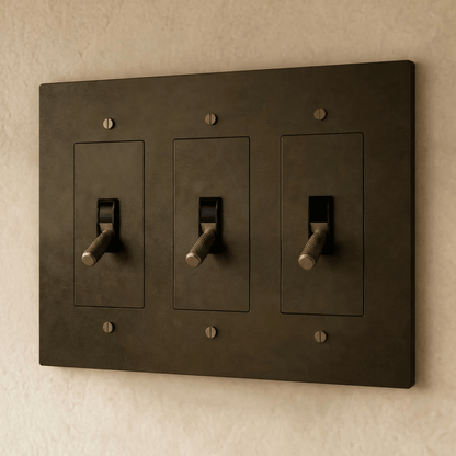 Brass toggle switch for 1 to 5 gang electrical installation, Residence Supply, with metal toggle and multiple gang options.