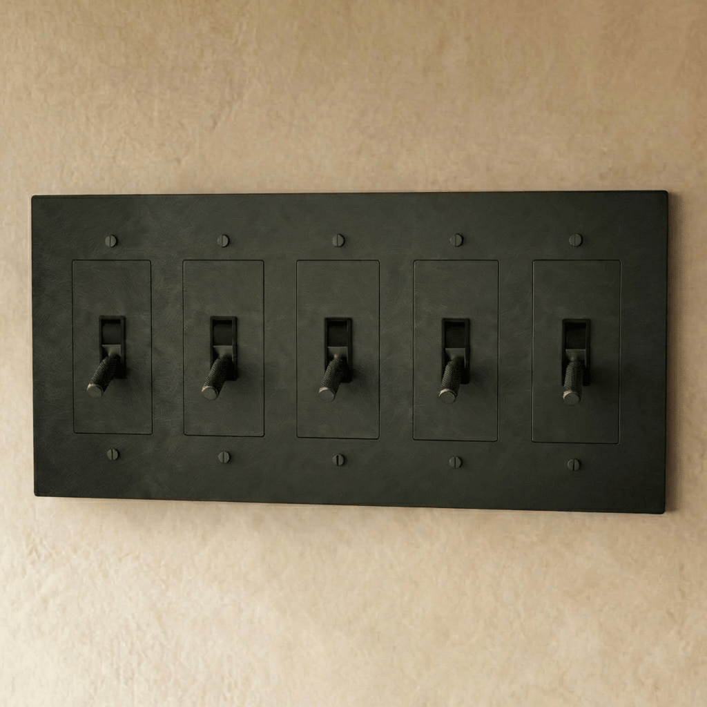 Brass toggle switch for 1 to 5 gang electrical wiring, Residence Supply brand, with metal lever and mounting plate.