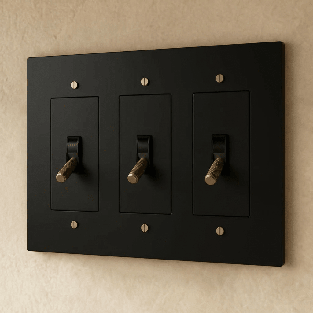 Brass toggle switch for 1 to 5 gang electrical installation by Residence Supply, showing multiple toggle options on a white background.